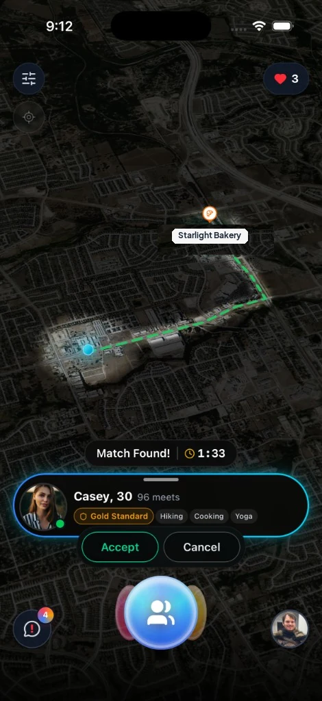A friends match to Starlight Bakery, with the route on the map and a match-found card
